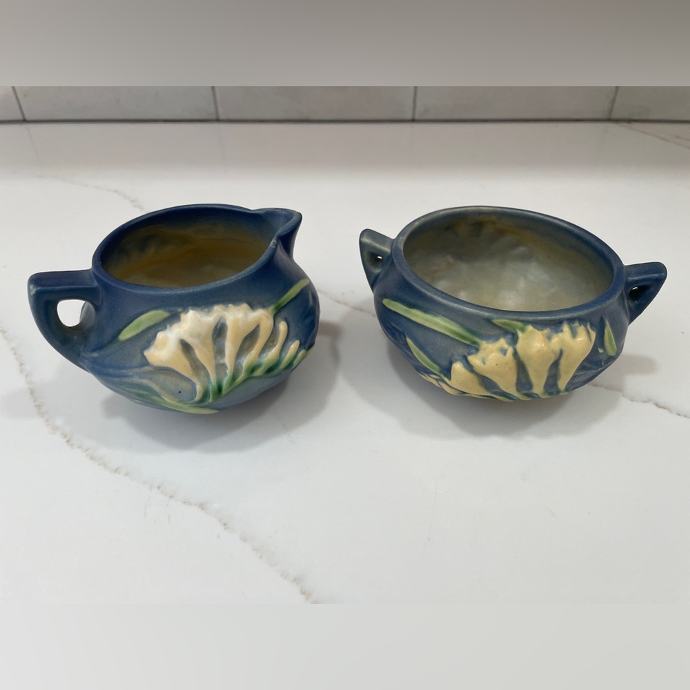 Blue Floral Ceramic Creamer and Sugar Set